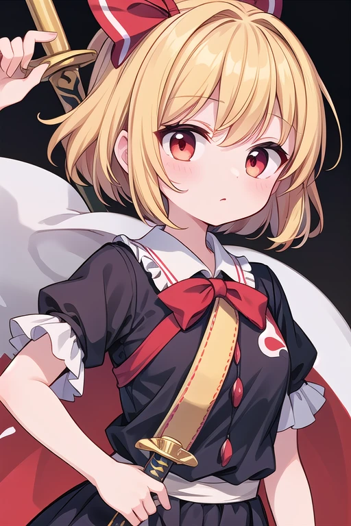 One girl, Blonde, Fox Ears, Fox Mask Template, knife, short hair, mini skirt, box, [(White Background:1.5):::5], Simple Background, Red eyes, stage, cherry blossoms, Fox&#39;s Tail, covered one eye, Frills,