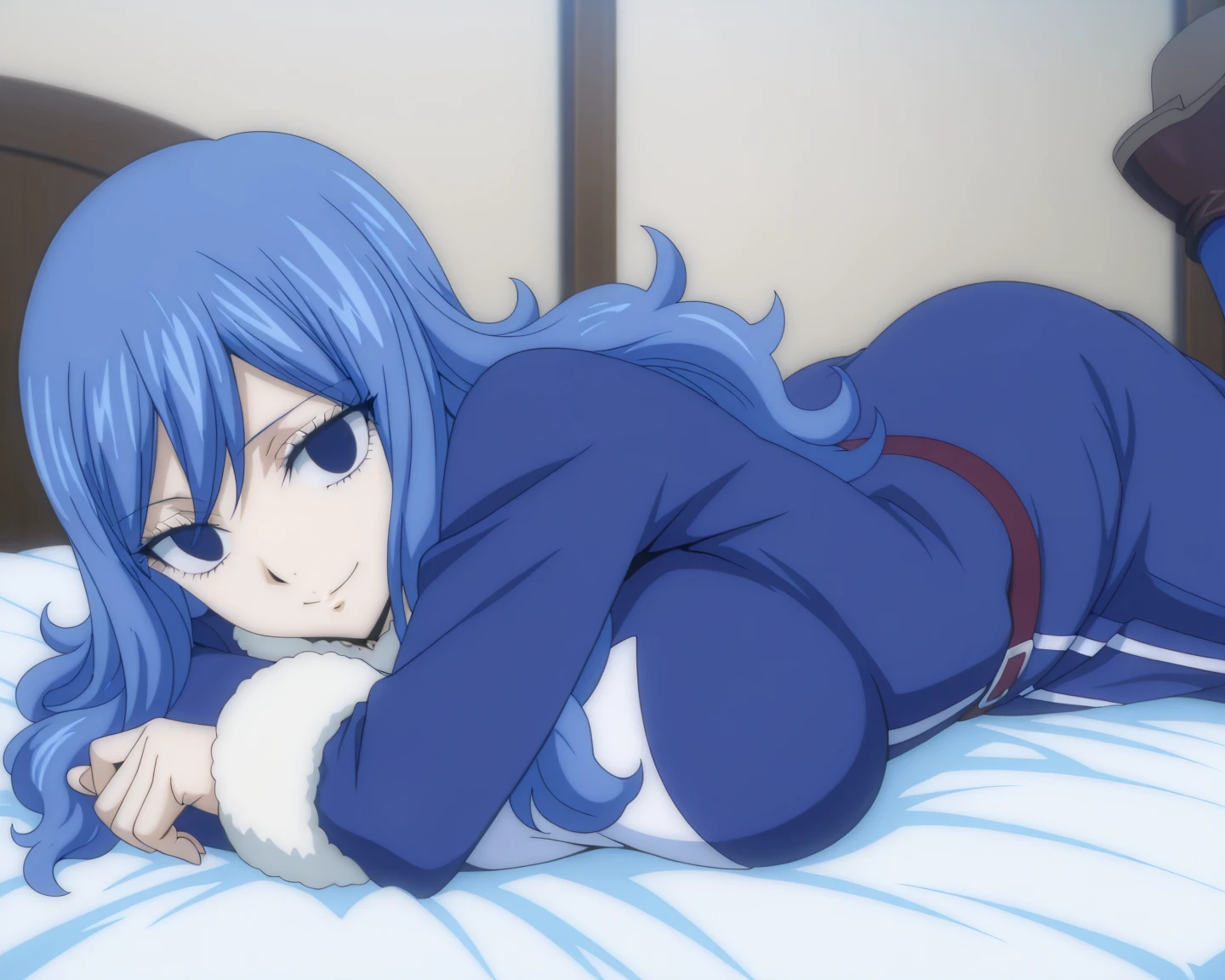 1girl,aajuvia, long hair, blue headwear, fur-trimmed headwear, capelet, blue dress, long sleeves, belt, side slit,black thighhighs,thick thighs,big breasts,wide hip,half closed eyes,smug,(smirk),happy expression,medieval room,room,bed,(foreshortening),(from behind:1.4),looking at viewer,camel toe,masterpiece,extremely detailed CG unity 8k wallpaper, best quality,32k,focus sharp, prone,ass, (lying), on stomach,back, from behind, foreshortening , facing away
