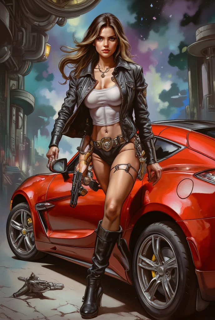 （Giant Elements、High resolution、High resolution、high quality、Accurate body structure、Detailed body、Barefoot woman）、(A very angry woman catches a car:1.6)、(Destroyed cars:1.6))、(Amazing person々)
