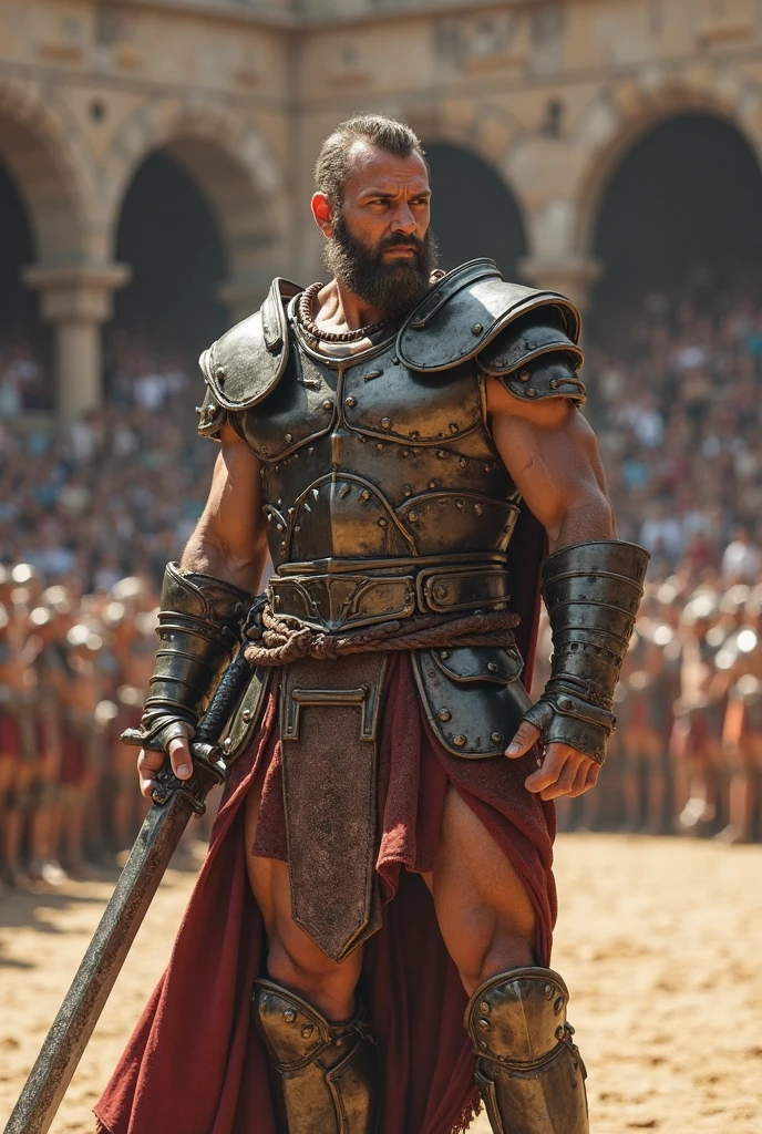 Several huge bodybuilders are wearing only a bikini in their naked body is adorned with gladiator-type accessories like Harness and Elmo, his face is similar to that of the actor François Sagat , They kiss romantically inside a luxurious palace, Arms at the side of the body in heroic pose, nenhuma mulher, corpo inteiro