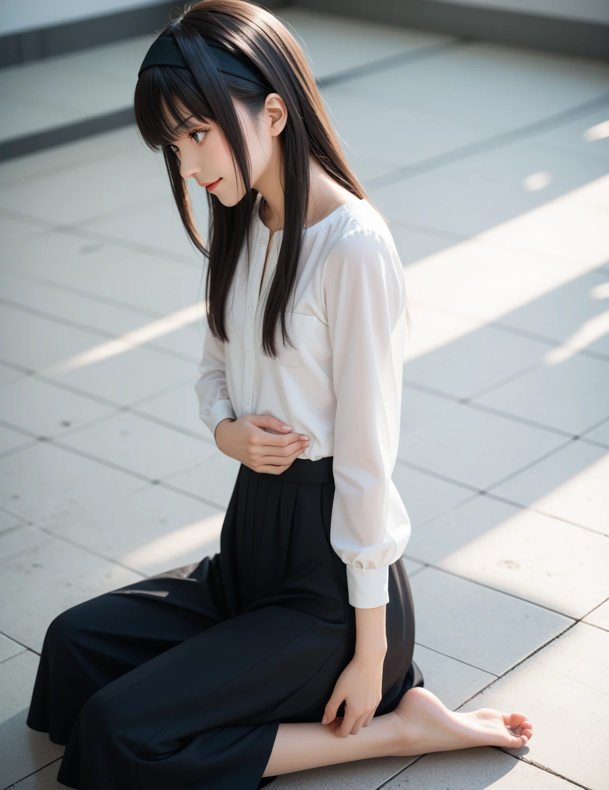 Open shirt, (((Leaning forward))), ((,Round face, Around 17 years old,mini skirt、loose tank top)), Long Hair, , Natural Makeup, Lips become thicker, Sexy Gaze, barefoot, ((Raise one leg)), Shooting from below,Gentle expression ,((Extremely precise and accurate anatomy)), (masterpiece:1.43), Perfect proportions, Realistic photos, Full Shot, whole body, (height: 165cm),