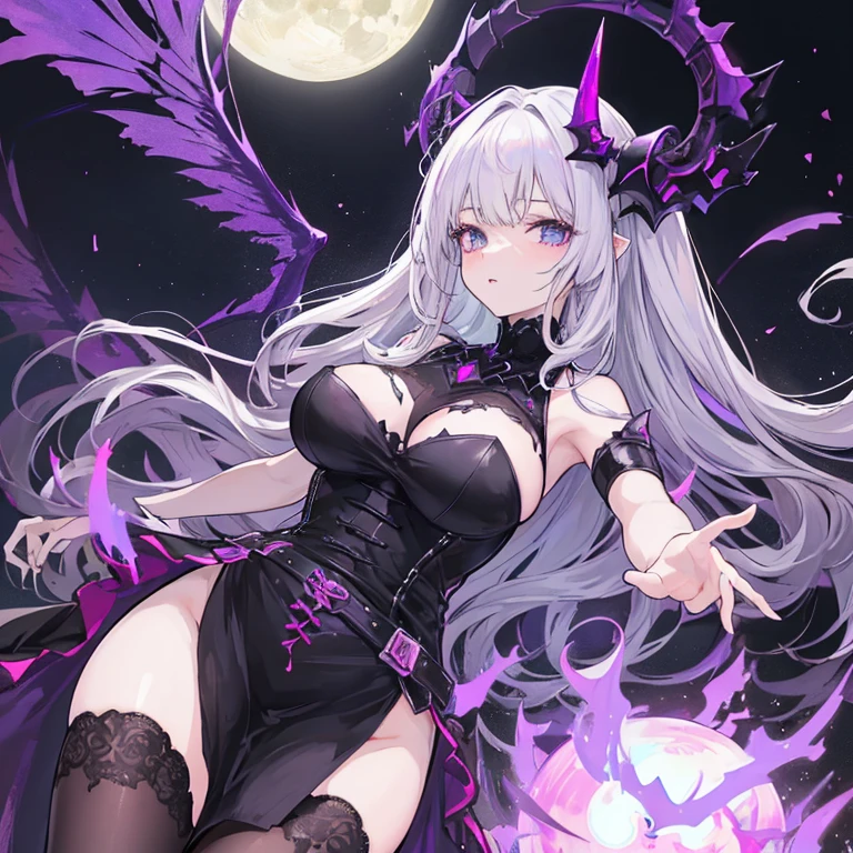((highest quality)),(ultra high resolution),(Super detailed),(detailed description),((best CG)),(best work of art),super precision art,amazing drawing art,(Fantasy art with precise details:1.5), (Female Grim Reaper:1.6),(beautiful and well-shaped face:1.7),(A jet black hooded cloak with intricately detailed embroidery.:1.6),(face peeking out from the hood:1.5),(smile:1.6),(blood-red lips:1.6),(tooth:1.7),(,sharp nails:1.6),light makeup:1.4,(Sharp, detailed purple eyes:1.4),big breasts:1.4,Beautiful leg lines:1.6,barefoot:1.6, (full moon hidden in clouds:1.6),(bat:1.6),(Night sky filled with dark clouds:1.7)