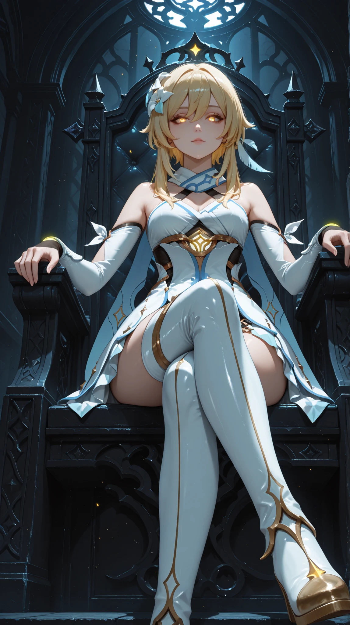 (Masterpiece, absurdres, newest, topquality) 1boy, solo, lumineSDXL,1girl,blonde hair,hair ornament,thighhighs,gloves,dress,hair between eyes,bare shoulders,yellow eyes,flower,sidelocks,detached sleeves,hair flower,scarf,white dress,thigh boots,white footwear,feathers,white flower,short hair with long locks,white scarf,feather hair ornament,lumine (genshin impact), dynamic background, looking at viewer, low angle, villain expression, standing, dynamic pose, glowing eyes, the best wallpaper ever, moody lighting, dark room sitting on throne, dark metal throne, legs crossed, symetrical, center oriented