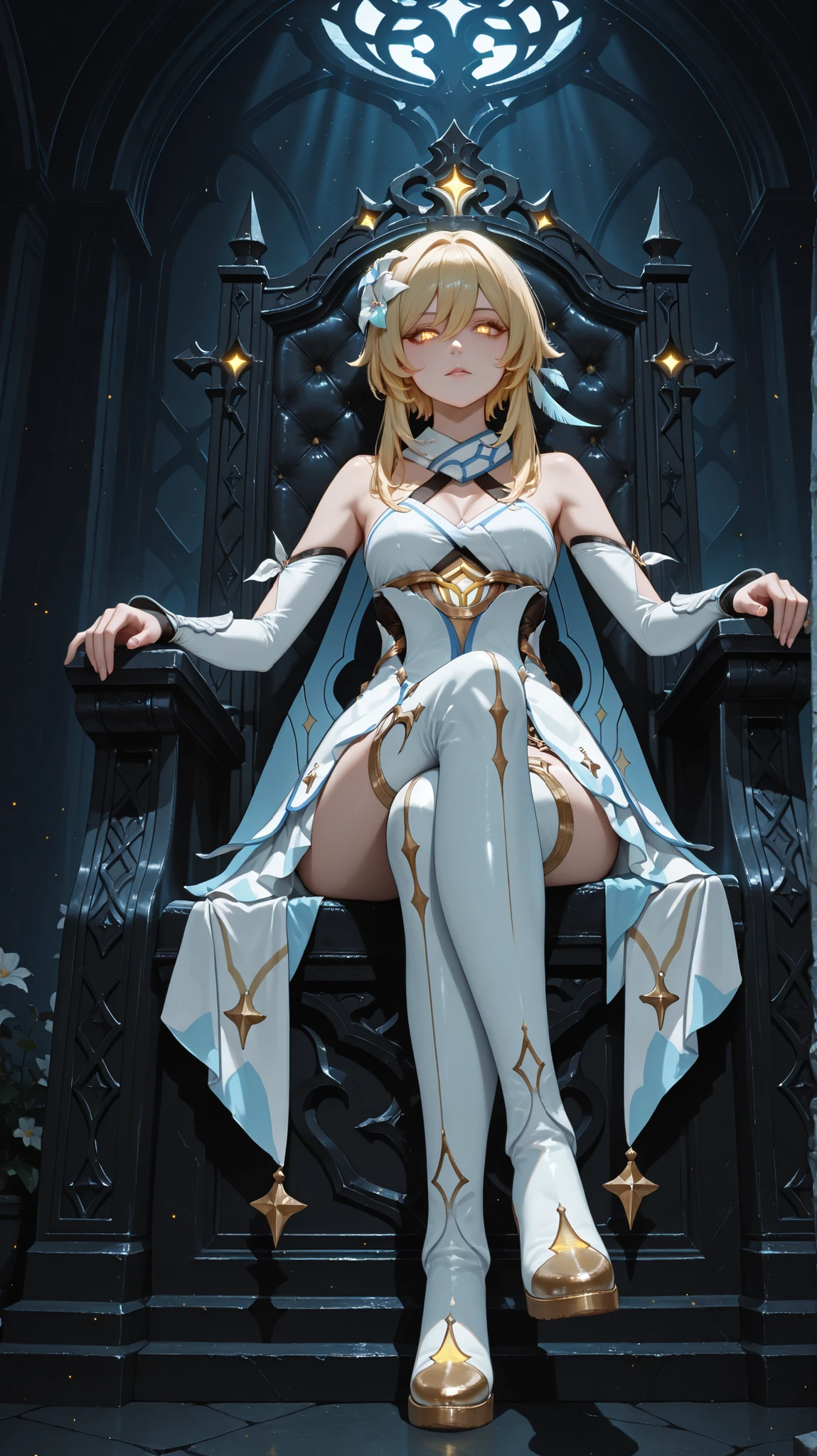 (Masterpiece, absurdres, newest, topquality) 1boy, solo, lumineSDXL,1girl,blonde hair,hair ornament,thighhighs,gloves,dress,hair between eyes,bare shoulders,yellow eyes,flower,sidelocks,detached sleeves,hair flower,scarf,white dress,thigh boots,white footwear,feathers,white flower,short hair with long locks,white scarf,feather hair ornament,lumine (genshin impact), dynamic background, looking at viewer, low angle, villain expression, standing, dynamic pose, glowing eyes, the best wallpaper ever, moody lighting, dark room sitting on throne, dark metal throne, legs crossed, symetrical, center oriented