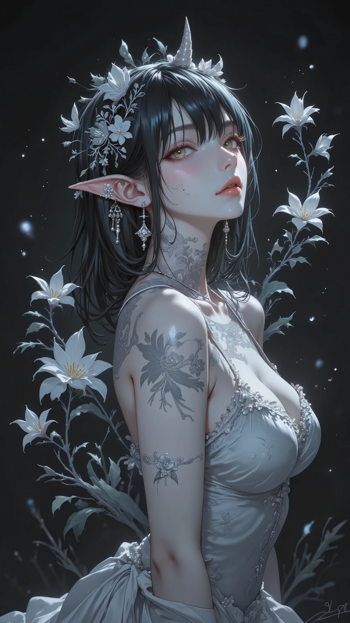 ((Highest Quality)) , (Ultra High Definition) , (Super Detail) , (detailed explanation) , (( best CG )) , (best works of art on the Moon) ,  Ultra Precision Art  , Amazing Painted Art , (Fine Art:1 . 5), Female devil, White porcelain skin , body paint, horn, necklace, tattoo, 