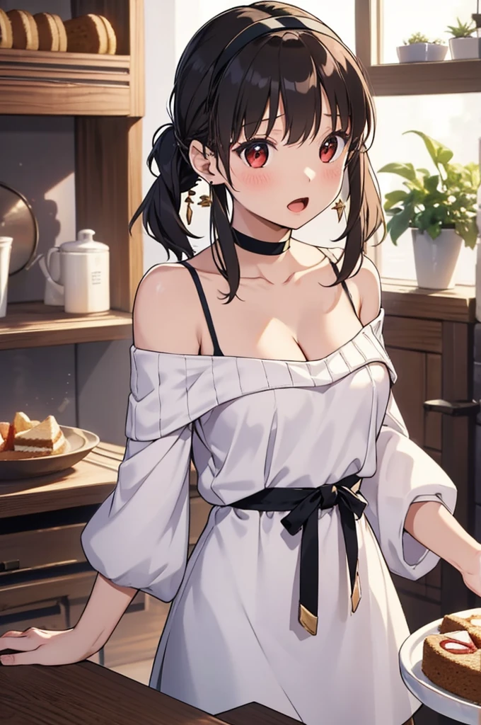 masterpiece, yor, 1girl, Amazing Cleavage:1.3, thin waist, big ass, Raised sexy, medium breast: 1.8 posed cleavage:1.2、solo, looking at viewer, open mouth, have a cup of coffee,black hair, red eyes, dress, bare shoulders, jewelry, collarbone, sidelocks, hairband, earrings, indoors, off shoulder, :o, sweater, arms behind back, plant, short hair with long locks, white hairband, off-shoulder dress, sweater dress, off-shoulder sweater, red sweater, big side hair, very long side hair,is rendered in (masterpiece: 1.2, best quality), with (ultra high resolution) and an exquisite (depth of field). This masterpiece is not only visually stunning but also tells, teach of cooking ,in the kitchen