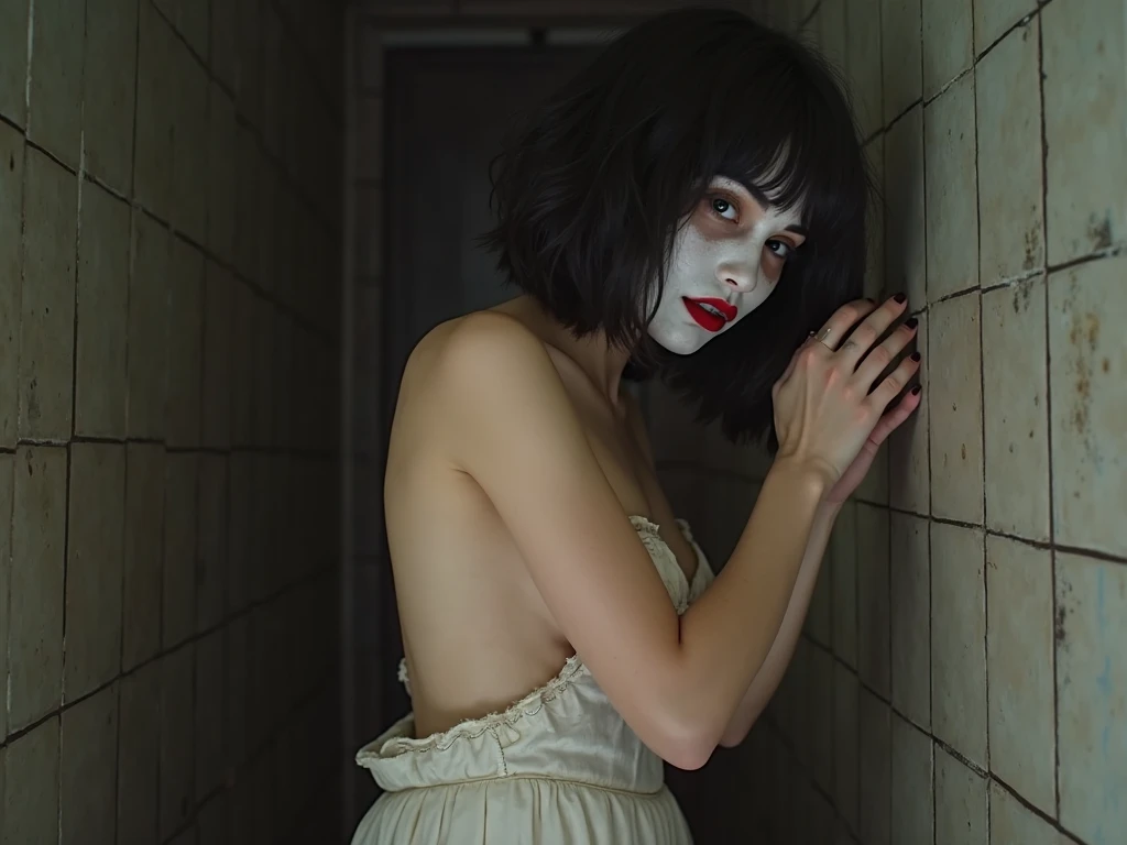 Highest quality、Masterpiece、8k、Japanese women、30th Generation、ghost、Pale skin、Bathroom、Dark atmosphere、scared、sexy、naked、pubic hair、Slender figure、Beautiful feet、Realistic Face、Horror、Realistic hands