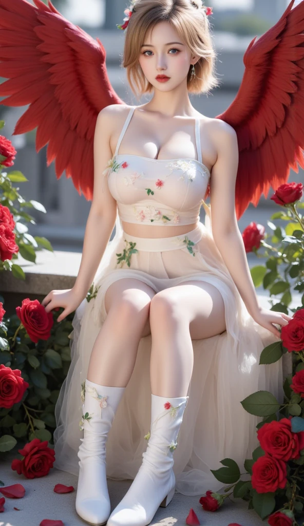 (Best quality,A high resolution),Sexy woman,Sexy lace clothing,Open V-neckline,Bright red peony flowers bloom,Subtly reveal the texture and complexity of the petals,A pair of glowing angel wings, Fire red high heels, cinema shot, A playful twist, centered composition