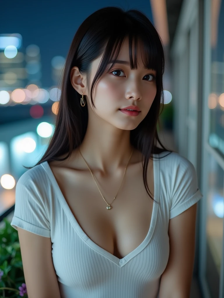 (Highest quality, masterpiece, Ultra-high resolution, 8K, RAW Photos, Realistic), (Anatomically correct:1.0, Writhing:1.0), (Large areola:1.2, Erect nipples:1.2, 20-year-old girl:1.2, Embarrassing, look up, blush:1.0, Very white skin, Medium sized butt, Large Breasts, Very short denim booty shorts, Show Viewer, Put your hands on your face, topless), night, offing, Light, Bokeh、((White tank top))