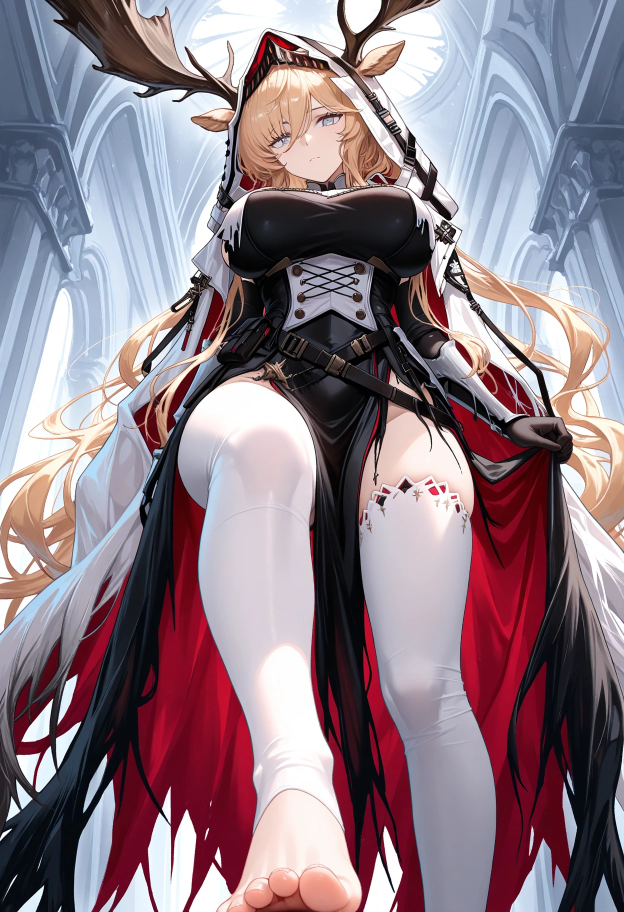 A woman,sexy,full breasts,blonde,red eyes,nun headdress,black high heels,white silk,huge breasts,One leg raised,Stand on one leg