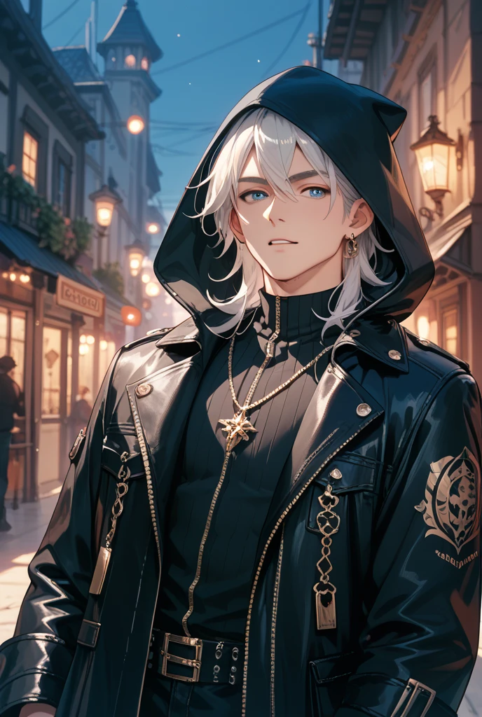 <lora:STYLEKe-Ta_v1.1.6:1>,, ultra detailed, masterpiece, best quality, solo, 1boy, teal eyes, <lora:Tsurime3:1>, (tsurime:1.2), parted bangs, white hair, medium hair, straight hair, shoulder-length hair, male focus, coat, shirt, pants, studded belt, multiple belts, combat boots, torn clothes, necklace, black coat, black and green theme,