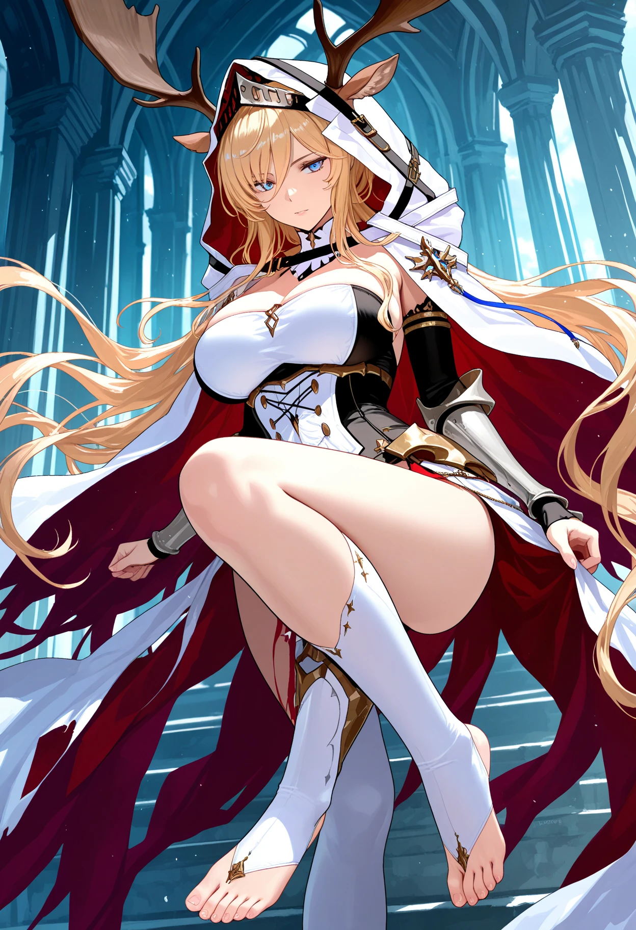 masterpiece, best quality, very aesthetic, absurdres, 1girl, mature_lady,,Marin Kitagawa, long hair, blonde hair, red eyes,,bare_shoulders, detached_sleeves, long_sleeves, wide_sleeves, gloves, half_gloves, white_gloves, thighhighs, white_thighhighs,in the mountain,,blur background,background defocus,