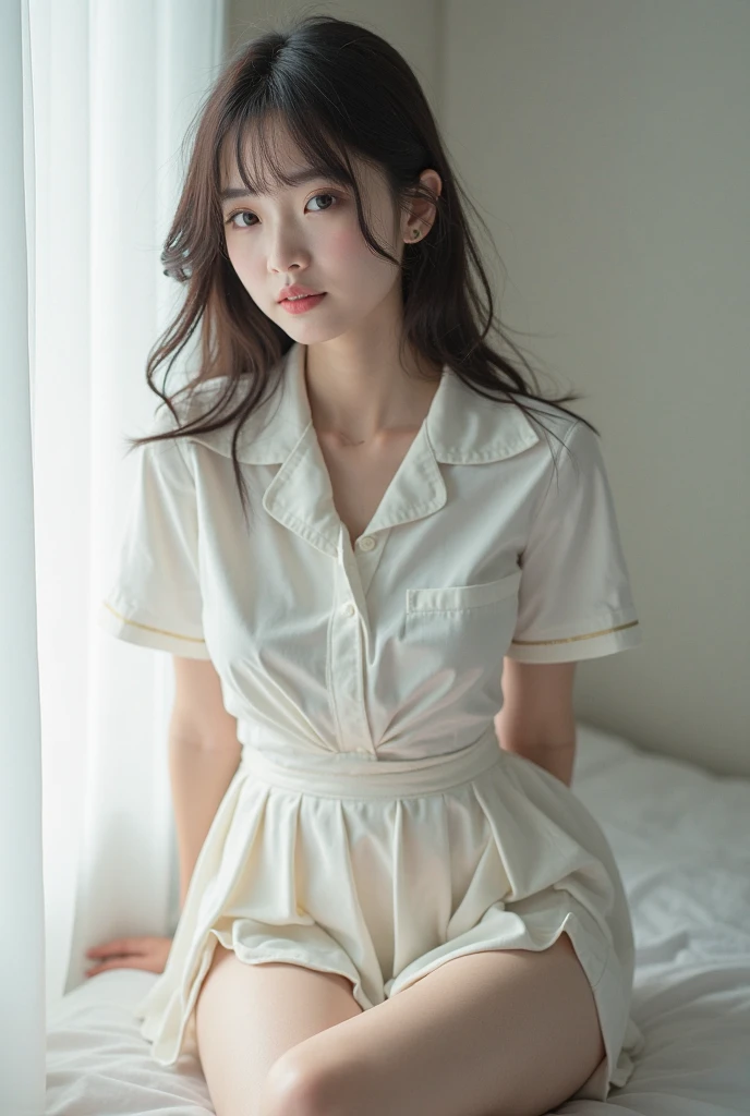 (8k、top-quality、​masterpiece:1.2)、(realisitic、Photorealsitic:1.37)、ultra-detailliert、女の子 1 人、cute little、独奏、Beautiful detailed sky、Detailed Cafe、natta、sitting on、date、(Nasal blush)、 (a smile:1.15)、(a closed mouth)small tits、Fine and beautiful eyes、(shirt with collar:1.1)、Transaction service、White lace、(short-hair:1.2)、Float NovaFrogStyle、poneyTail