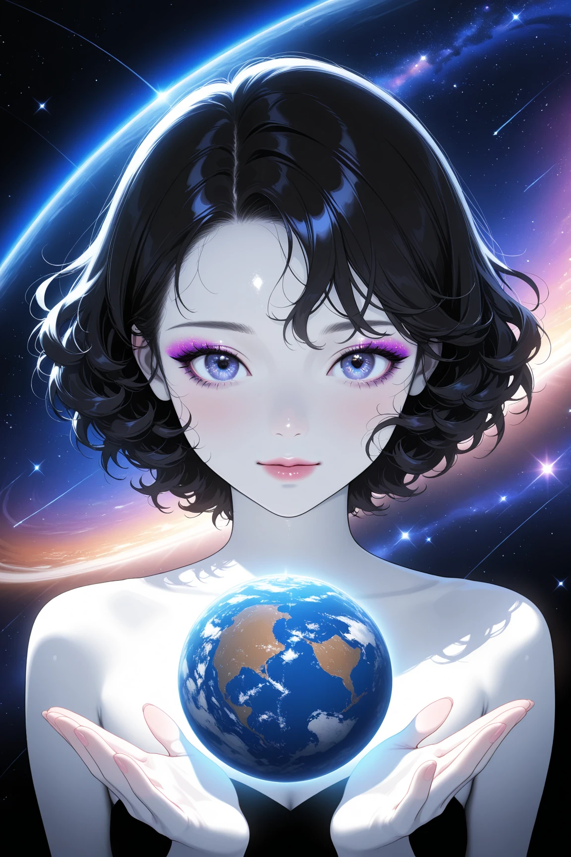 magazine、giantess、A nude body bigger than a small globe、Hold the Earth in your hand and bring it to your mouth、universe space、Sexy pose、Small breasts、Realistic、Magazine Cover、anime、リアルanimeスタイル、short hair、Black Hair、Cute woman、Beauty、model、Portrait、Steamy、steam、Japanese Idol、20th Generation、Milky Way、nebula、Mars、Saturn、moon、Spectacular atmosphere、animeキャラクターのポスター