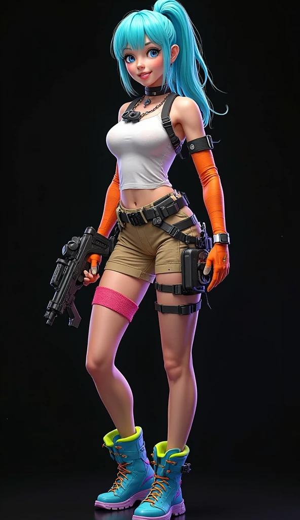 cyberpunk badass, view from behind, plumb ass, thick thighs, thin waist, hourglass figure, extremely detailed face and eyes, high contrast lighting, skimpy clothing, dynamic shadows, absurdes, 4k
