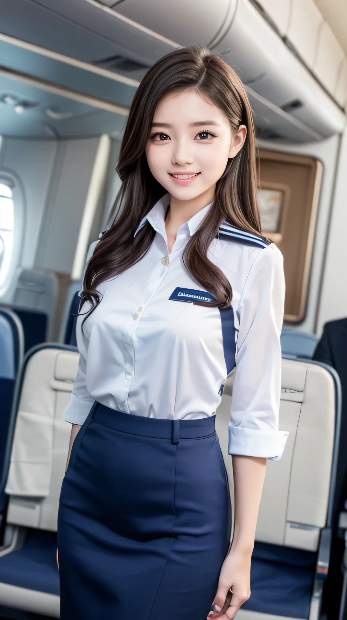 4k, high quality, beautiful lighting, soft lighting, realistic, natural short black hair, red eyes, sexy, big breasts, thick thighs, wide hips, girl in blue and white flight attendant uniform, Toned muscles, blue and white flight attendant uniform, ornate, jewelry, natural flow, hair accessories, (on the plane), (Beautiful smile), (Open your legs and show me your crotch, see your underwear)
