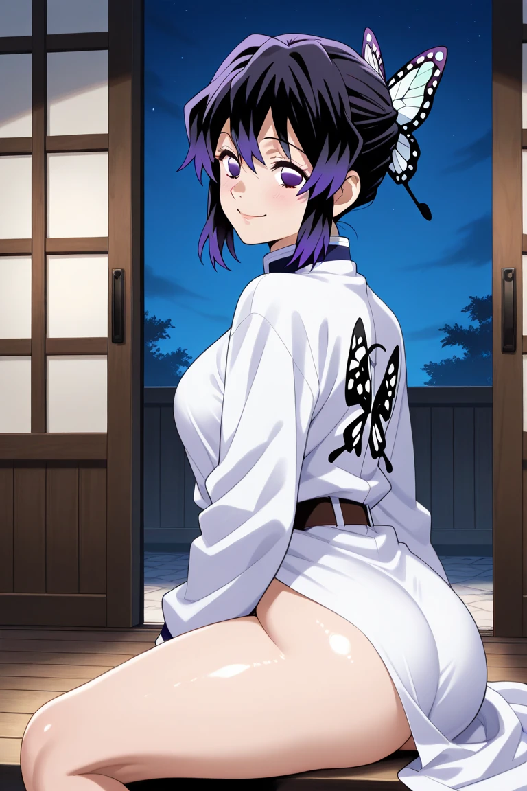 kochou shinobu, 1 girl, alone, Multicolored Hair, No bangs, Valletta, Purple eyes, amount, Haori, butterfly, japanese mansion, ((Highest quality)), ((Very detailed)), masterpiece, Confused, (fine grain, Deep Eyes), Detailed pupil, 1 female,(Happy:1.1),(smile:1.2),Bright Face,Tight waist, Medium Hips, wide thighs,anime,Completely naked,Nipples,Sex,Semen all over the body