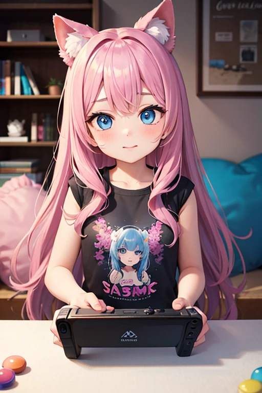A highly detailed image of a blind box figurine, full-body, (((female, anime character, magical girl figurine, flowing pink hair, flat chest, small breasts, a-cup, ultra petite body, athletic build))), dynamic pose, small figurine, figurine stand, (detailed eyes, ultra detailed eyes), sitting on top of larger computer desk, viewed from front, high angle perspective, bright light, digital art, highly detailed, fine detail, intricate, ornate, complex, octane render, unreal engine, photorealistic, 8k, 16k,