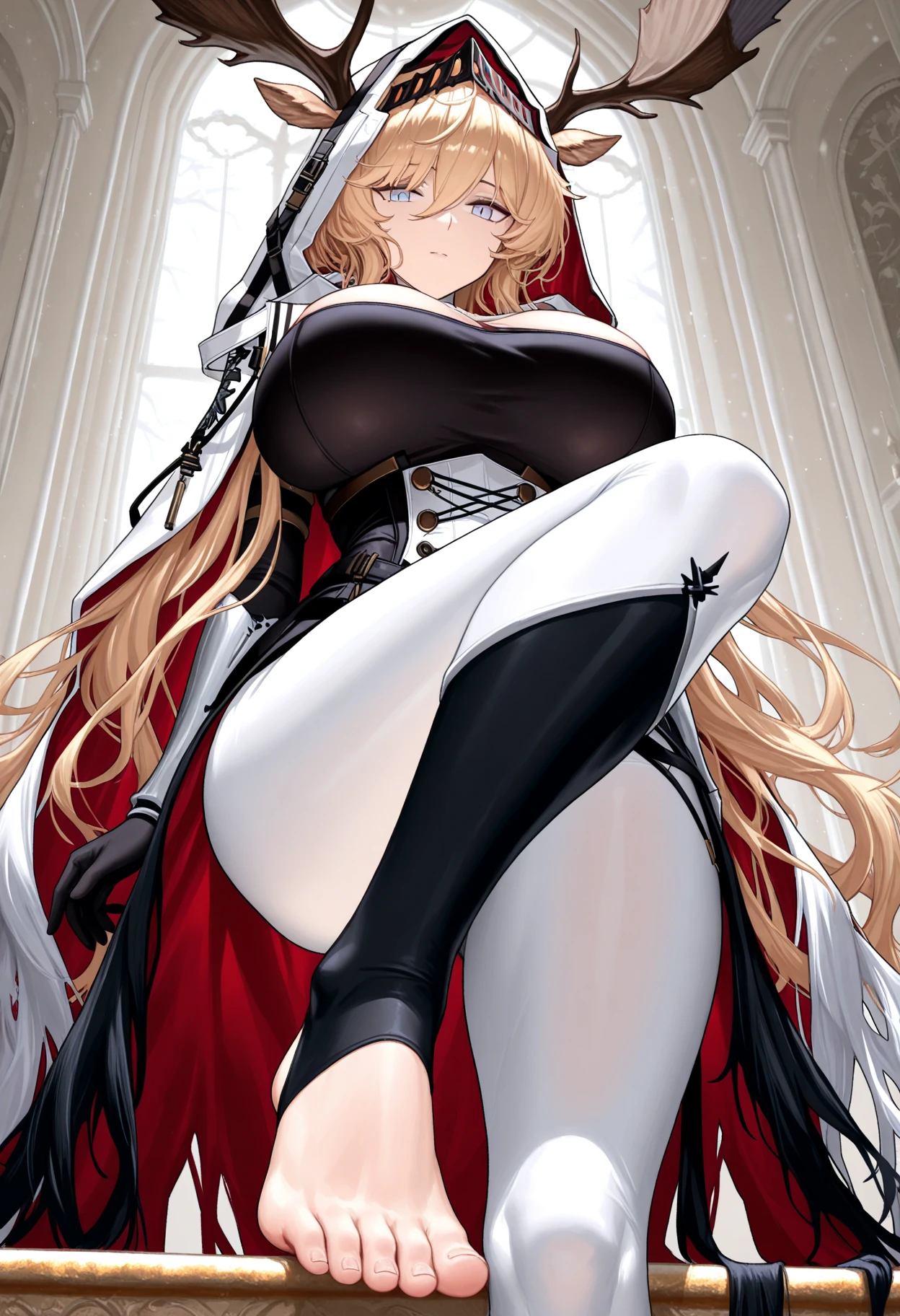 Two-dimensional, blonde mature woman, long hair, elf, tall figure, big chest, uniform, black silk, high heels, thin waist, long legs, thin legs, bare shoulders, bare legs, bare chest, ultra-clear, a lot of details, lying on her stomach, drenched, sweaty, red face
