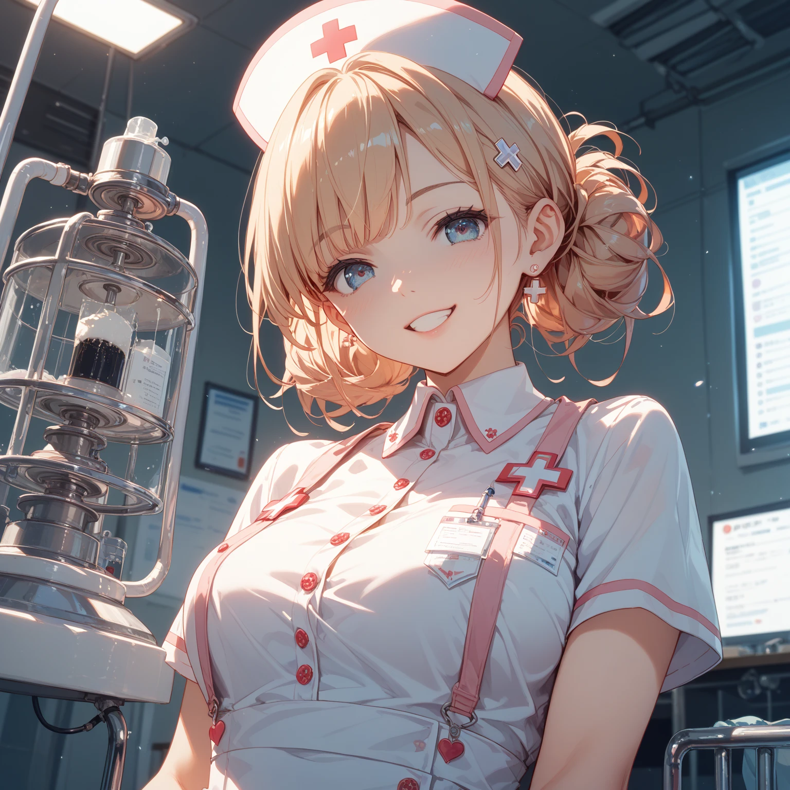 (((nurse uniform), (white pantyhose), (Shiny Costumes))), skindentation, skinny, solo, 1 woman, Masterpiece, highest quality, highest quality, 16K, incredibly absurd, highly detailed, 2.5D, ai-generated, delicate and dynamic, very delicate facial expressions, delicate eye depiction, erotic, only sexy woman, ((A cute and kind face)), healthy figure, ((25-year-old woman)), 160cm tall, medium firm swaying bust, blush, Sweat,Embarrassed,sexy, ((thin thighs)), (camel toe:0.7), (visible nipples:0.3), (Erect nipples,:0.7), shiny and lustrous, facing straight at viewer,  (((in heat))), ((Oily_skin)), ((dutch angle)), ((erotic pose)), ((one keene))