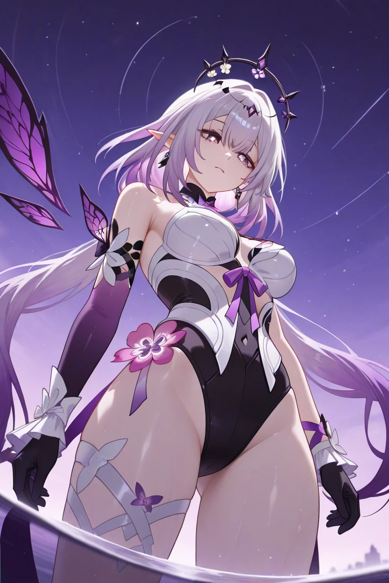 Horror Art, (Dark Anime Alien Girl), (((((Purple skin))))), (((((White Steel Hair))))), bright, Black cloth, sharp short clothes, Dark fantasy setting, Dark Cave,Ray Tracing, masterpiece, Highest quality, super high quality, Absurd detailed, best Light, Best Shadow, sharp, sharp image, detailed, extremely detailed, Incredible resolution, 8k, 4K, Ultra-high resolution, Particle Effects, Beautiful Effects, Vibrant colors, neon Light, neon, Light,(corruption:1.2),(Hollow Eyes:1.2),(Groin tattoo:1.3),(Lower abdomen tattoo:1.3),(Wicked Smile:1.3),(masterpiece), (Highest quality), (Super detailed), One girl, Red eyes