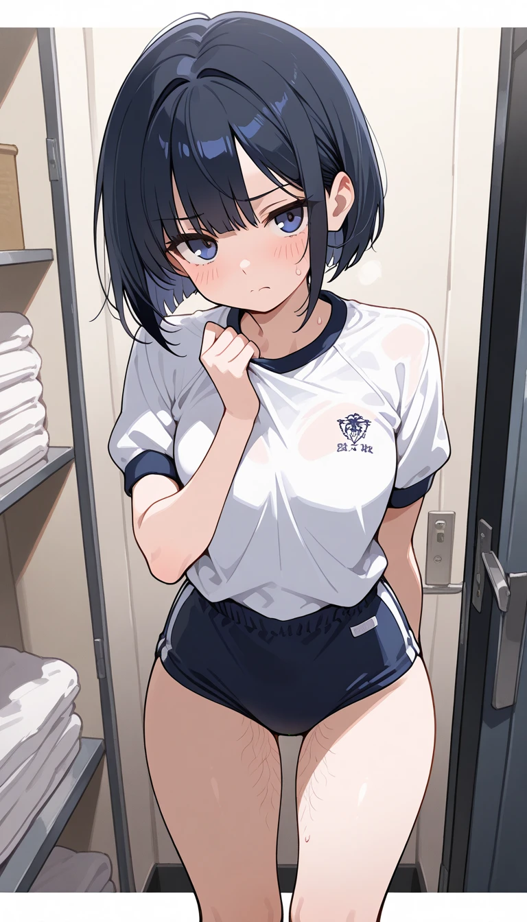 gym storeroom, Bobcut、Short Hair、Black Hair、brown eyes, Straight Hair、13-year-old girl、Clenched fist、White panties、White gym clothes、Panty Peep, good, Wet, From below、Folded up gym clothes、Camel Toe、topless、Small breasts