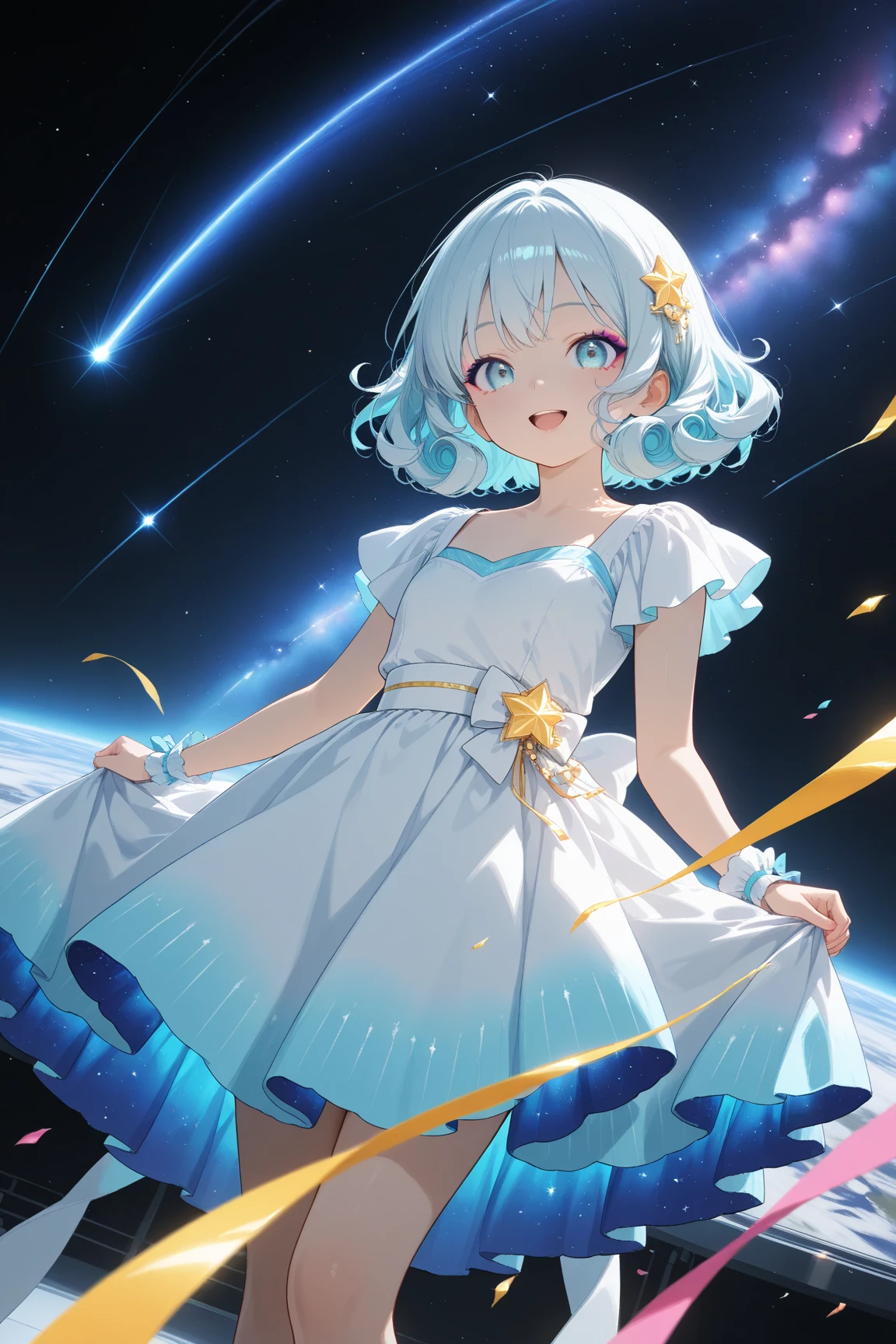 Silver long hair、Twin-tailed Girl、A large unidentified flying object (UFO) is flying、Star of the sky、milky way、Moonlit Night