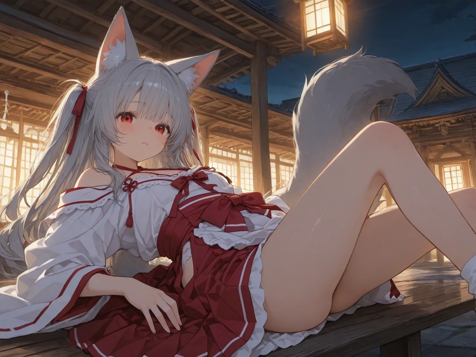 2girls　cute　（2girls　Wolf ears　Brown Shortcut　White shortcuts)　Petite　Normal chest　Thin thighs　first round　Shrine maiden　The background is a forest at night