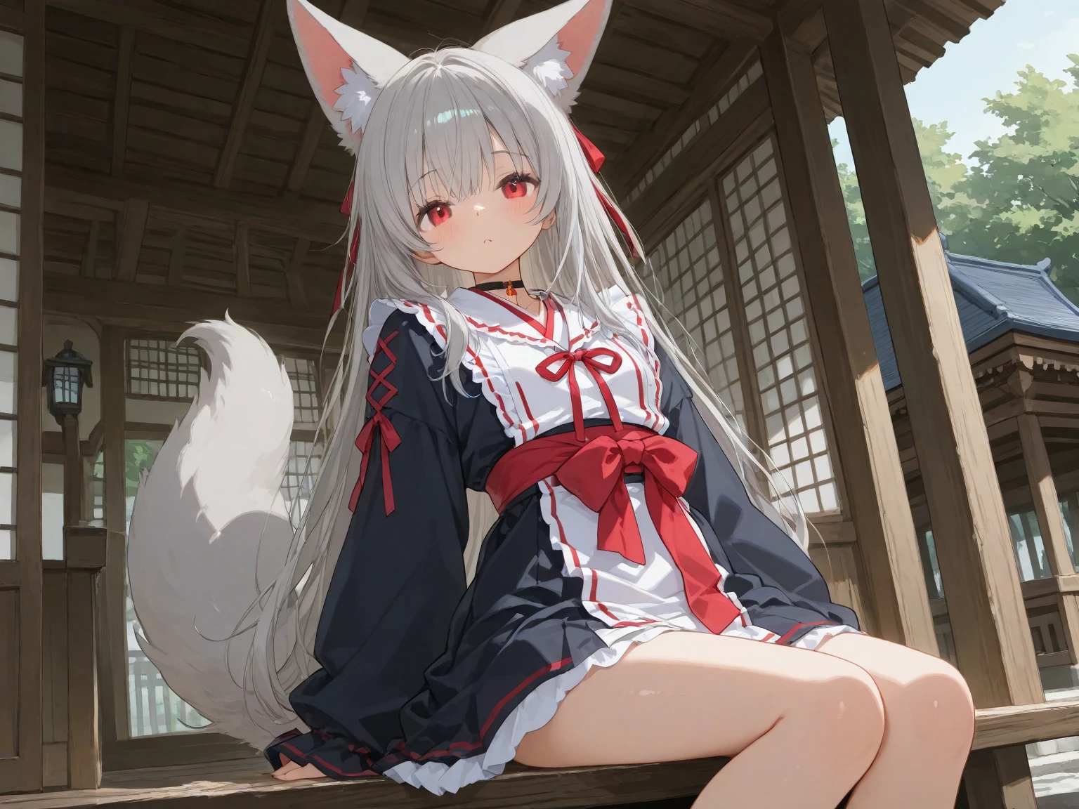 high quality,little girl,short skirt kimono,long straight hair,silver hair,Hairpin,young,young顔立ち,flat chest,big eyes,green eyes,topless,small breasts,geta,No panties,Pussy,spread legs,Pussyを開く,smile,shrine,The scenery of Japan