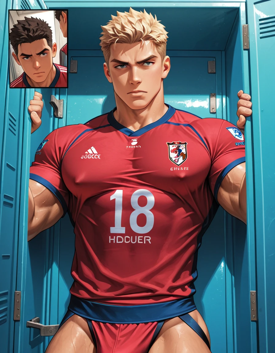 American football player, short blond hair with a lock falling on his forehead, green eyes, pretty face, furious expression, pink and full lips, muscular body, broad shoulders, gigantic and muscular chest. He is wearing a red and black football uniform (shirt number 29), football pants, football shoulder pads and holding an football helmet.