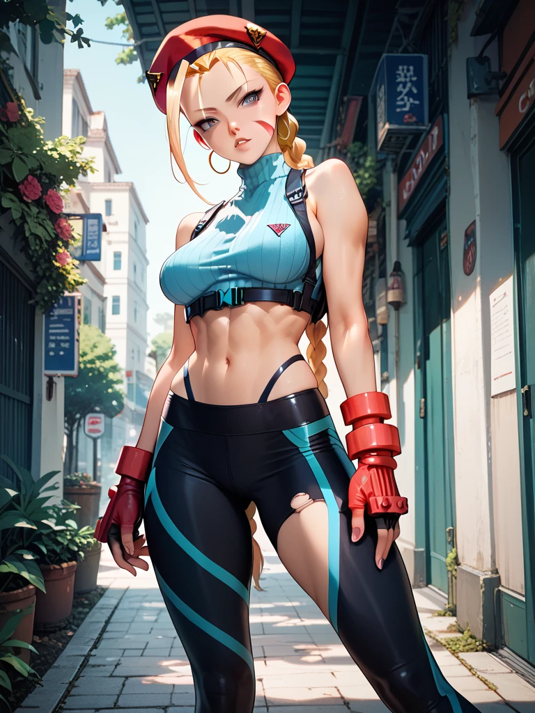 una dibujo de una mujer con los naked breasts, naked from the waist up, exposed breasts, Cammy, high quality colored sketch, temática de Cammy de street figther, Samus Aran Fanart, inked and colored, Comic style art, comic digital art, highly detailed exquisite fanart, drawn in the style of artgerm, in a Japanese city, showing breasts, perfect breasts, touching the breasts, naked breasts, sexy body, sexy smile expression