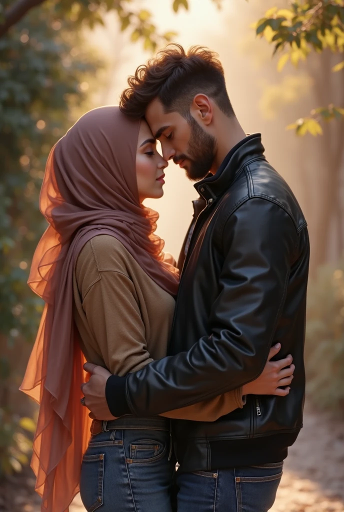 with black headscarf, Barefoot woman, kissing her boyfriend at a picnic