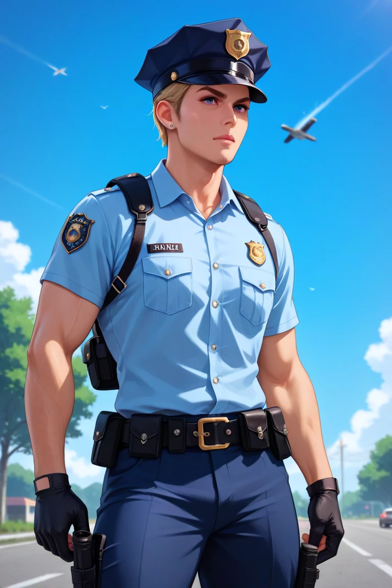 (Absurd, High Resolution, Ultra Detail, HDR), Masterpiece, Best Quality, (Middle-aged), (Male Police Officer), Wearing Police Uniform, Brown Eyes, White Hair, 1:2, Half, Attention Proportion, Panorama, Standing Painting