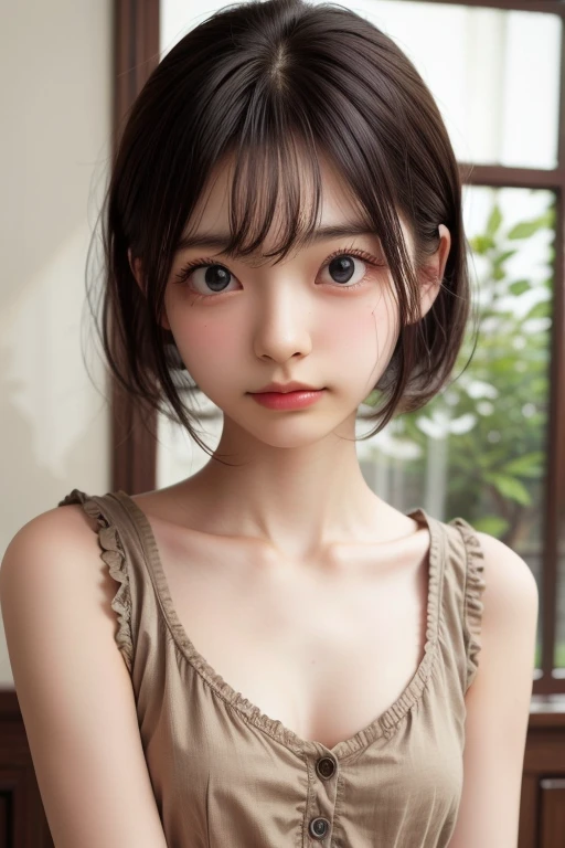 1 girl, 20 years old, Bishojo, looking at viewer, famous japanese idol, kawaii, camisole, off-shoulder, 
(mascara), eyeliner, almond eye, natural eyebrows, wide-eyed, slant eyes, 
thin lips, extremely detailed skin, fair skin, smile, cute, realistic face, slender face, beautiful skin,
flat chest, clavicle, shoulder, slender body, 
black straight hair, long hair, Forehead, 
delicate thighs, skinny legs, lean legs, 
Best quality, (8k, RAW photo, best quality, childish face, masterpiece:1.2), ultra detailed, (realistic, photo realistic:1.37), high detail RAW color photo, an extremely delicate and beautiful, extremely detailed(selfie:1.1), 
