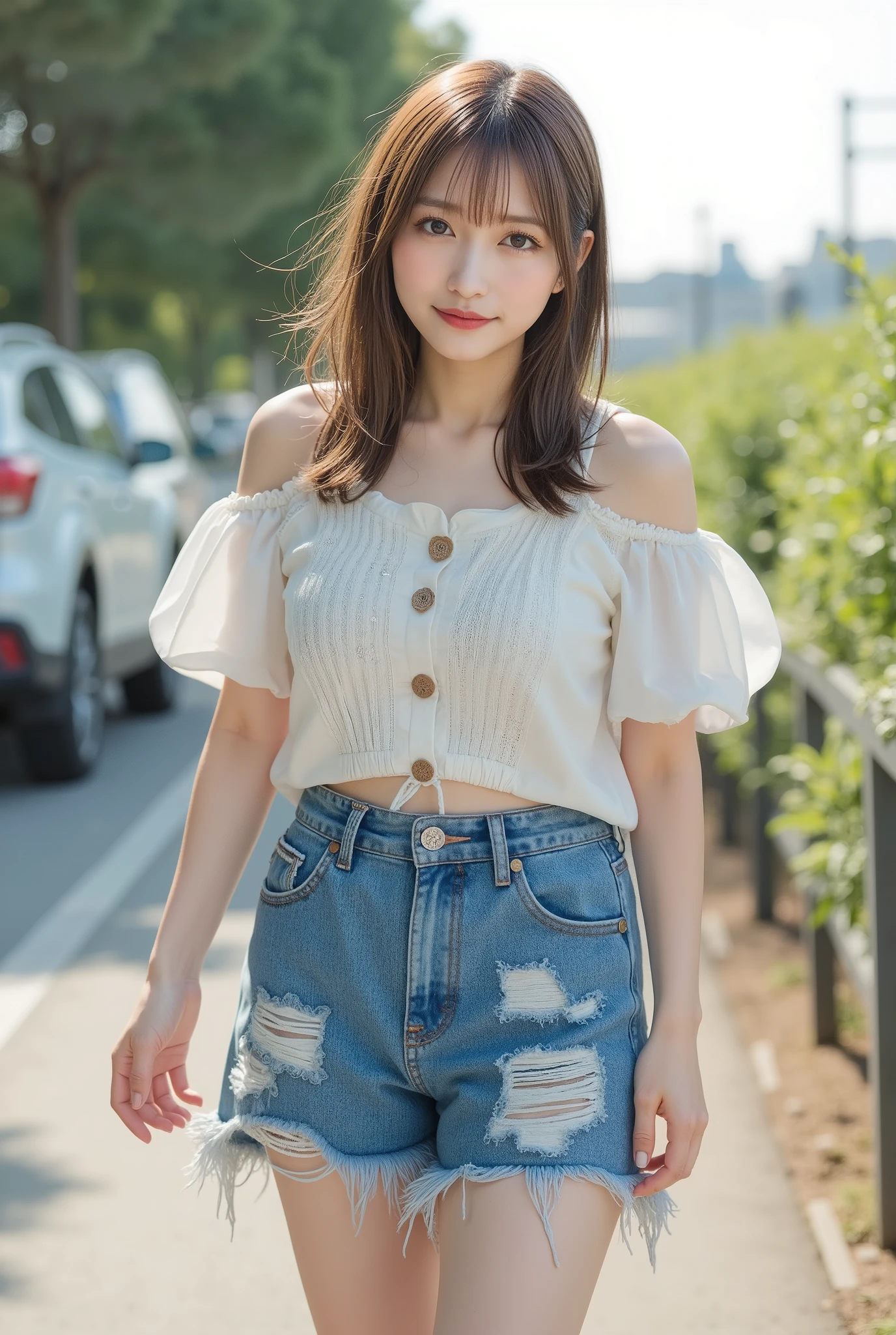in 8K:1.5,Best Quality:1.4, 超A high resolution:1.5, (Photorealistic:1.4),masterpiece:1.2,(top-quality:1.4)、Raw photo、1a japanese girl、Cute、 (RAW フォト:1.2), (フォトリアリスティック:1.4), 美しい詳細な表情の少女, (((とてもよく詳しい eyes and face, 美しく詳細な目元, 非常に詳細な顔、はにかんだ笑顔))), 傑作,素晴らしい, 1人の, ((ダイナミックなポーズ)), ((ミニスカート), (Shy smile:1.5), Smooth skin、30-years old:1.5、Beautiful black eyes、natural skin textures:1.3, realistic eyes and face details、 (Brown medium hair),、middlebreasts、夏の日、美脚、彼女とのデート、ミニスカート、最高の笑顔、乃木坂