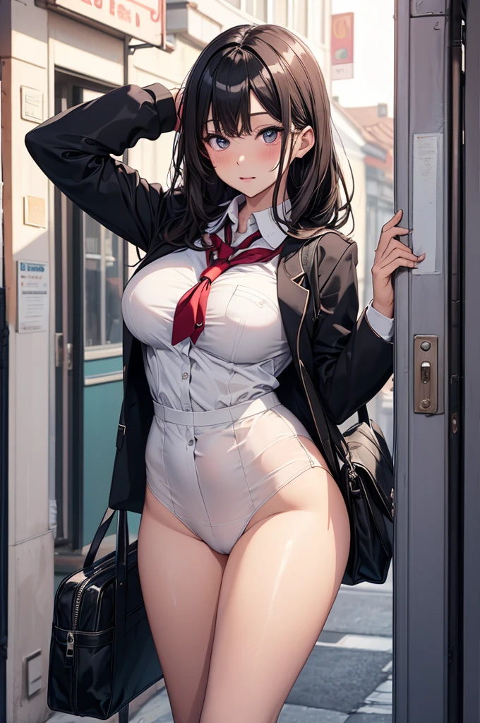 (ultra-realistic rendering, best quality), ((Top Quality, 16k, Masterpiece: 1.3)), (Beauty, 1 Girl), hot shot, aroused, absurdness, perfect anatomy, (Small smile), necklace, choker, dresig breasts:1.3), braless, defined abdomen, labcoat, standing, doctor office background, sexy pose