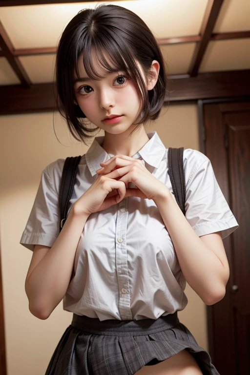 (RAW photo、highest quality)、(realistic、Photoreal:1.3)、highest quality、masterpiece、very delicate and beautiful、A hvery detailed、nffsw、2k wallpaper、growing up、Beautiful in every detail、masterpiece、light smile、highest quality、Hvery detailed ticker Unity 8K wallpapers、huge file size、Super detailed、High resolution、very detailed、((Euphoric look))、((orgasm:1.2))、((smile:1.15))、((sweating:1.4))、((translucent:1.55、Characterized by a collar that sticks to your skin and a beautiful silhouette、super cute girl,(spread your legs wide), (Pull your hips back), (Arch the upper body), and place your left hand on your hip.、Right hand salutes with two fingers、Hair is moving、Spotlight、professional lighting、cinematic light、Three-dimensional、viewer'perspective、show her naked body at viewers