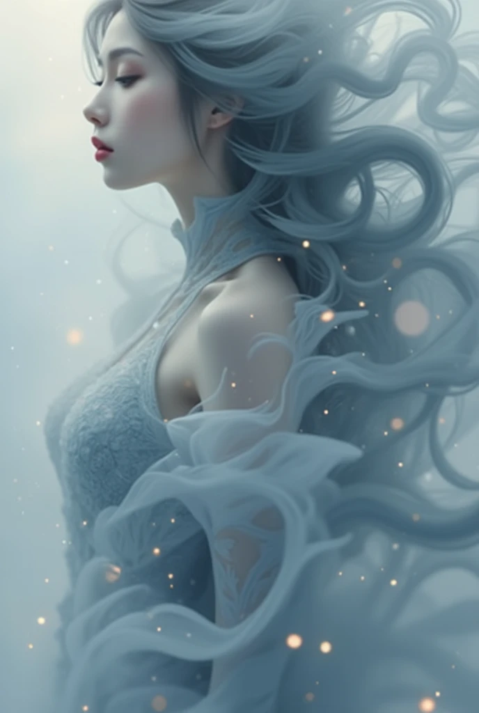 One woman and one man in profile representing Yin Yang, One with long black hair in movement, the Other with short white hair in movement, both have frosted light blue eyes, full pink lips, small round breasts, perfect body, full body, translucent clothes, scenery mistico, {extremely detailed 8k CG unit wallpaper}, expansive landscape photography, (a low view focusing on the character and setting), (wide open field view), (low angle shot), ( high light: 1.8), (low light: 1.2), (warm light source: 1.5), complex details, (iridescent colors: 1.6), (bright lighting), (atmospheric lighting), dreamy, magical