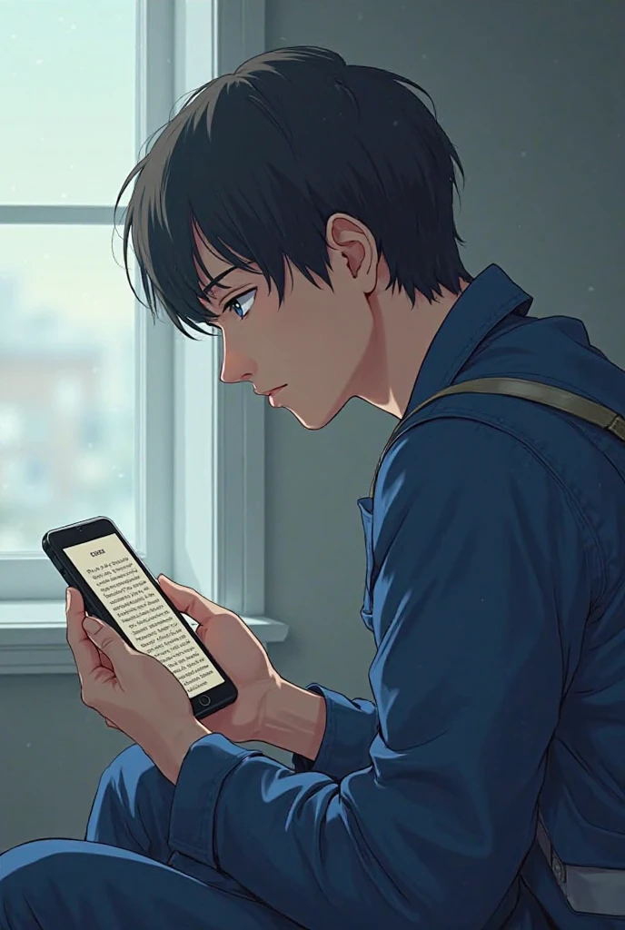 A boy writing comment on a post in mobile. Want the screen visible. Want His back side visible.