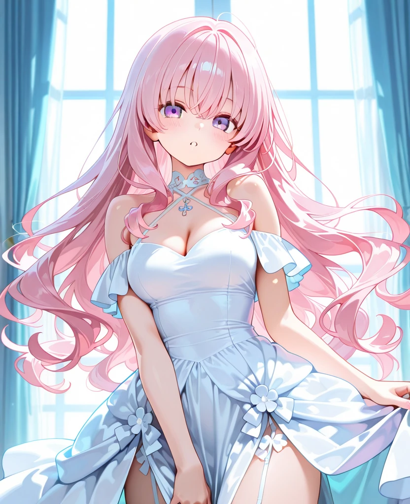 Make a baddas female anime character, hair pink, eyes blue, use wedding clothes