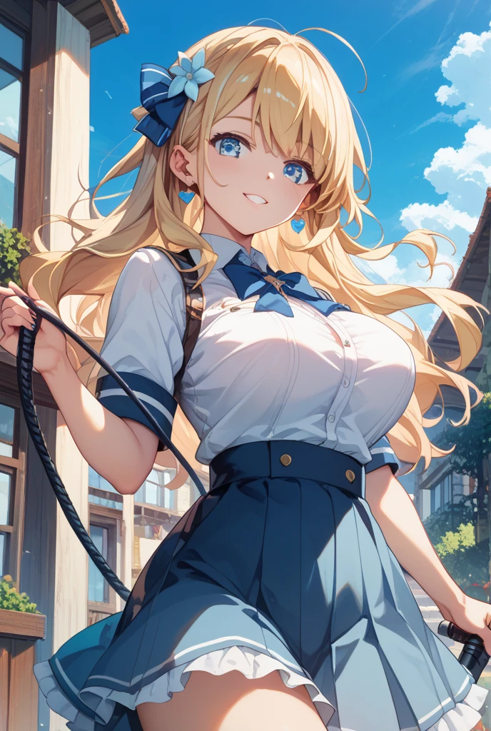 Chica rubia con cabello largo hasta los codos de ojos azules de con complexion mediana mirada compasiva recibiendo la luz de sol utilizando lentes oscuros circulares