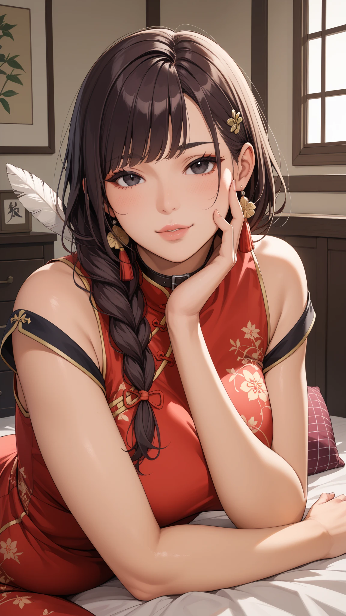 Allafard Asian woman lying on bed，The bed was covered with a red blanket, trending on cgstation, trending at cgstation, Chinese girl, Guviz, Chinese style, Middle Metaverse, author：Yu Zheding, Wearing a red cheongsam, Realistic. Cheng Yi, author：Li Fangying, Guviz-style artwork