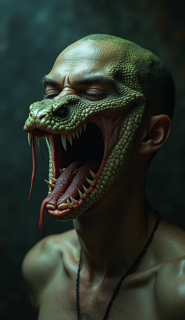 a bald albino about to swallow a black snake by lunging at his face. Written on the snake&#39;s body are the words: resentment.