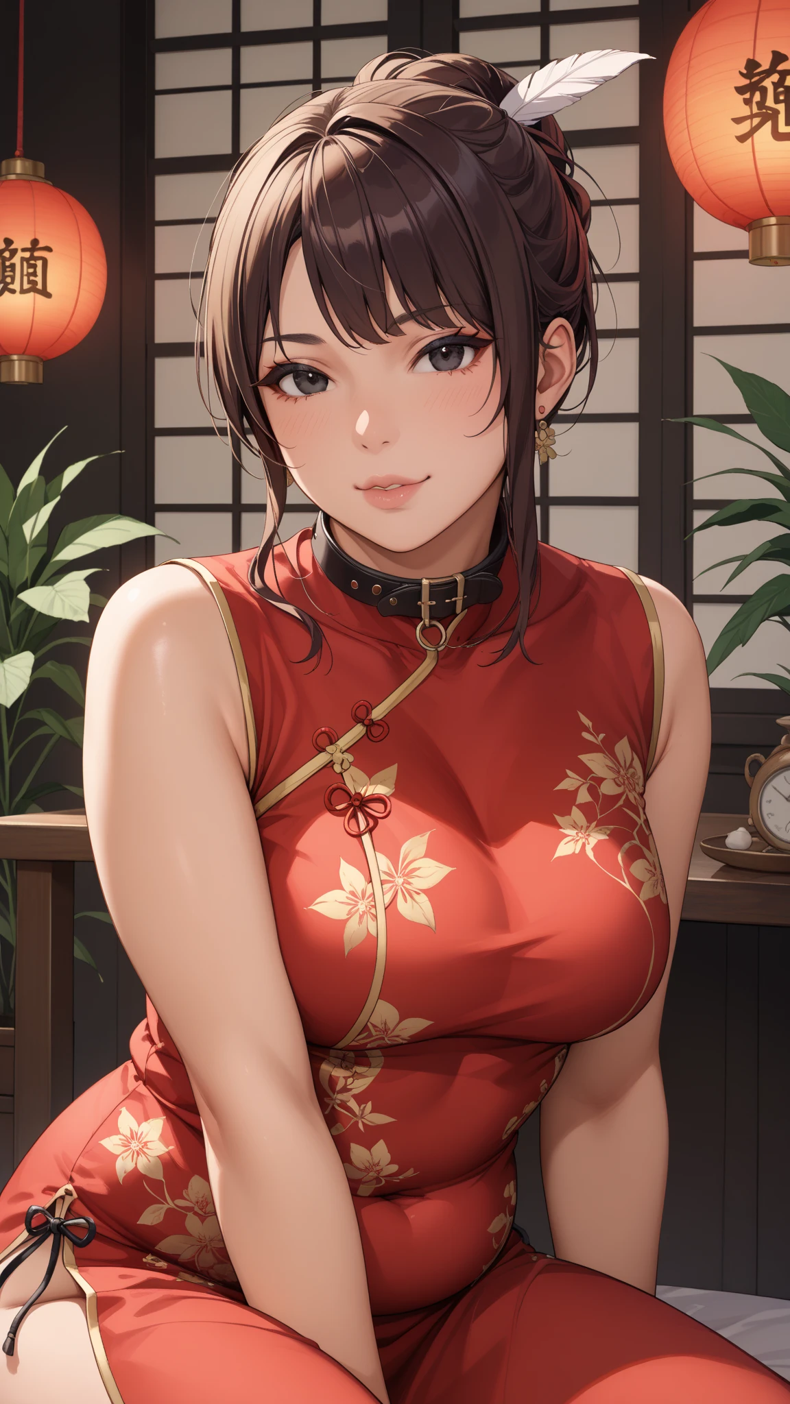 (Masterpiece,of the highest quality,超High resolution),japanese woman, (((Very beautiful girl of 25 years))), Pretty girl、look at the photographer、 ((beautiful low ponytail)), super cute face, bright lips, double eyelids in both eyes,natural smile、 Natural makeup, long eyelashes, straight and shiny hair、central image, perfect limbs, perfect anatomy,(((chinese dress)))、(((to look behind)),wet with sweat,