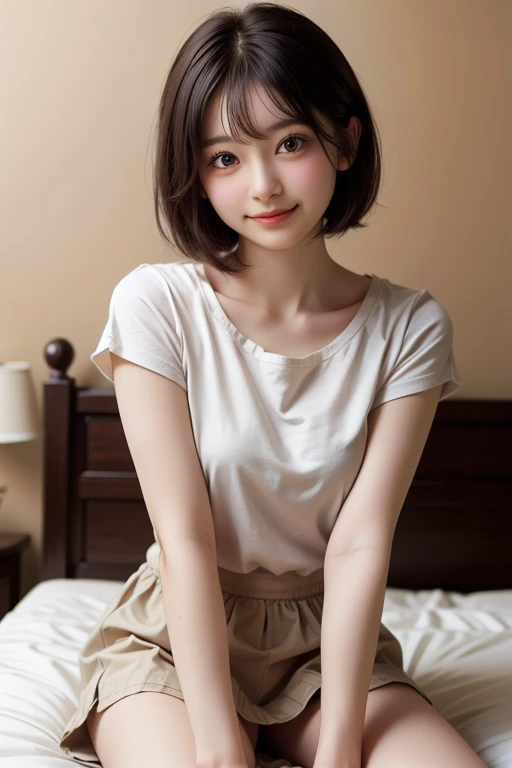 One girl, short hair,Black Hair,smile, summer, room,Standing,Legs together,Hold your head high,5th grade elementary school, Looking down, Pink Tank Top,front,Upper body close-up,transparent, (masterpiece, Highest quality), Soft Light, Structure of the film, Cinematic