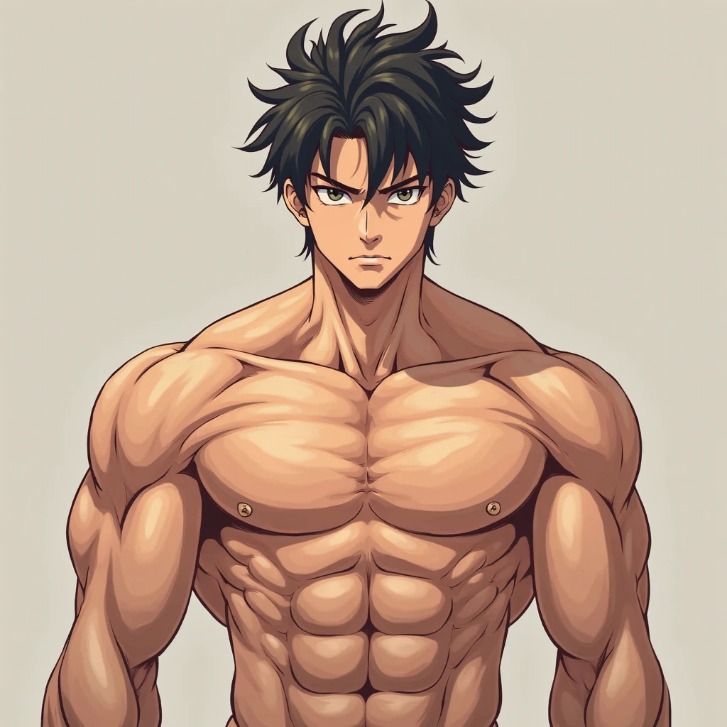 ((handsome men)), ((yellow eyes)), ((brown hair)), ((ninja)), ((dark skin)), ((serious expression)), ((shinobi clothing)), ((muscular male), ((shirtless)), ((topless)), ((body full of huge muscles)) (((complementary colors))), ((mature male)), 1boy, beautifully drawn, high resolution illustration, best quality, High definition, ((detailed anime sketch)), Masterpiece, (solo), absurdres, portrait, ((full body)), ((wild hair)), detailed background, fine detail, male focus, HDR, ((short hair))