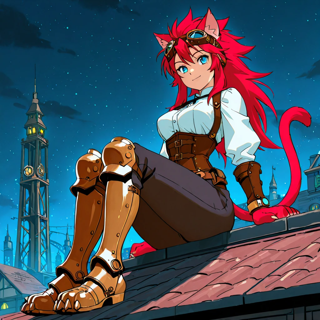 best quality, masterpiece, 2d, intricate details, anime, anime style, full body picture, catgirl, 1girl, red hair, spiked hair, blue eyes, enchanting eyes, wild hair, long hair, small smile, animal ears, red ears, red cat tail, cat ears, thighs, red hand paws, short hand claws, wearing steampunk armor, shoulder armor, wearing bracers, white shirt, corset, goggles on forehead, dark pants, armored boots, sitting on a roof, steampunk city, towers, outside, (at night), night sky,