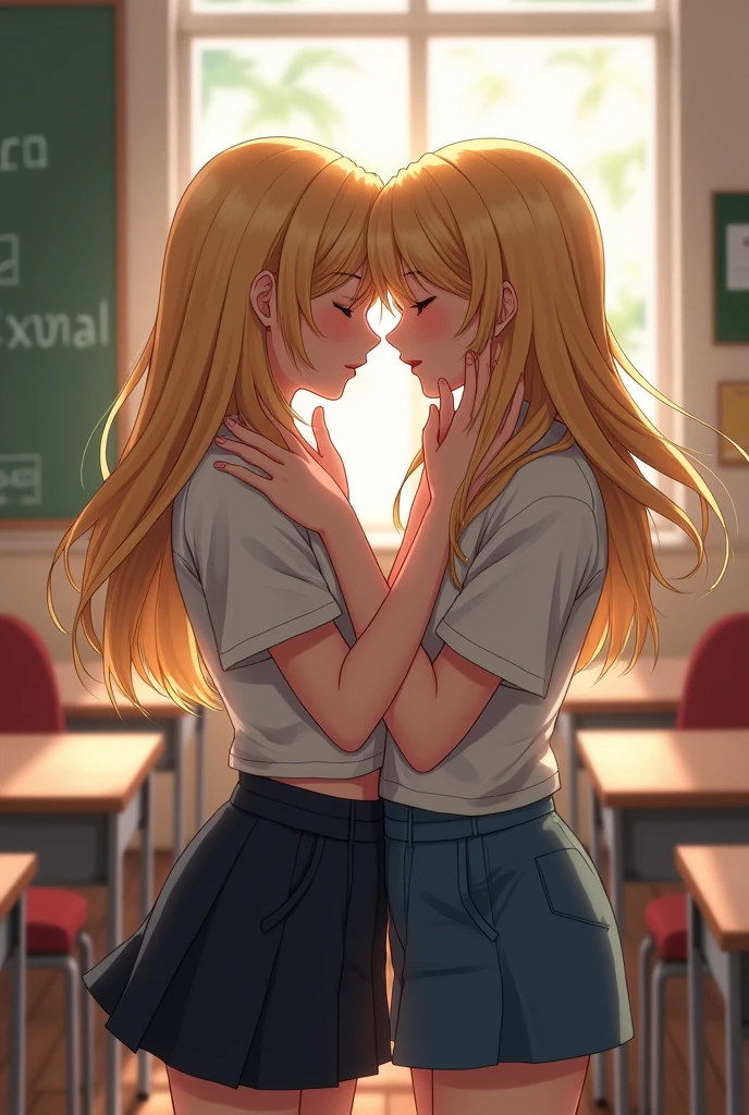 (super flat, flat shading, flat color:1.1), (classroom), 2 girls, Young teen, high school girl, slim, small breasts, blonde hair, school uniform, open shirt, white bra, (hug from behind), Emotional, like, blush, Stand by the chalkboard, bright sunshine, best shadows, watercolor
