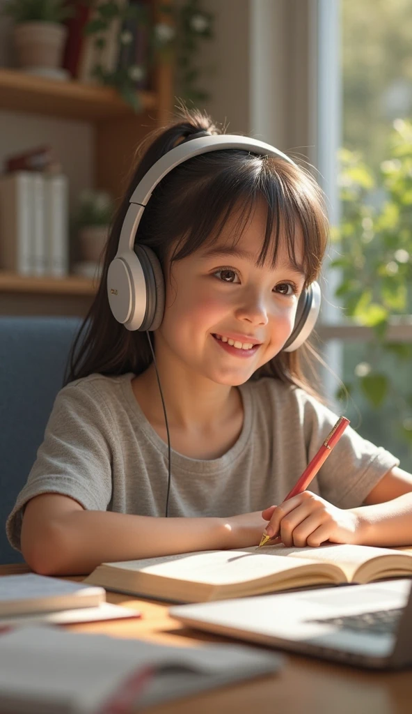 (highly detailed RAW color photo, masterpiece, ultra detailed), screenshot of a non-white child-looking girl studying, looking to the camera, smiling, wearing headphones, light blue shirt