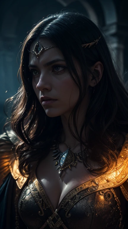 abstract colors, texture, film grain, skin pores:0.1 hasselblad dslr RAW photo, backlit intricate dramatic portrait of an beautiful female elven wizard casting a spell, full face, chest, cleavage, soft medium breasts, cute face, standing on medieval fantasy city (cobblestone street)1.2, foggy morning, shannara chronicles lotr gandalf hobbit willow concept art anna dittmann magali villeneuve marc simonetti, cinematic movie still frame, (analog style)1.3 (film grain)1.3